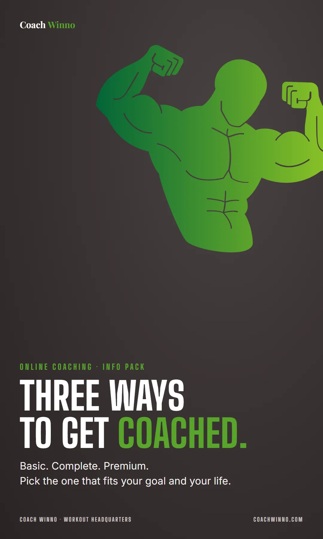 Coach Winno online coaching info pack: three ways to get coached. Basic, Complete, Premium.