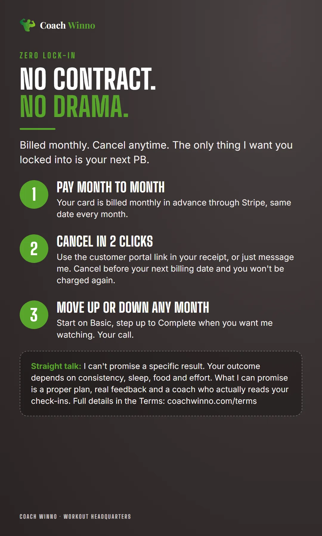 No contract, no drama: billed monthly, cancel anytime, move up or down a tier any month.