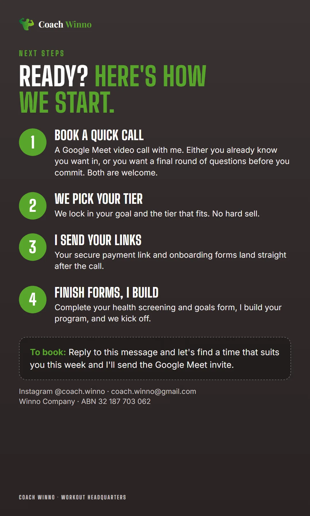 Next steps: book a quick call, pick your tier, get your payment link and onboarding forms, finish forms and start.